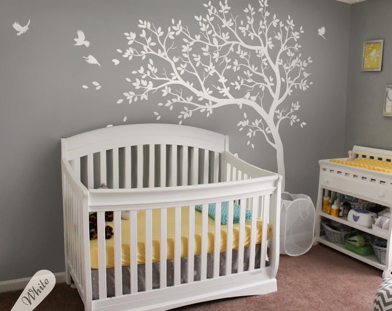 White tree decal Large nursery tree decals with birds Unisex white tree decals Wall tattoos Wall mural removable vinyl wall sticker 032 image 1