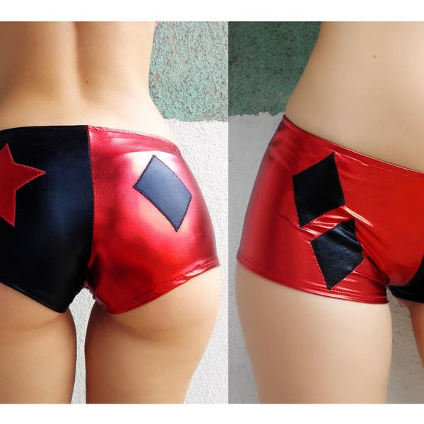 Cheeky Shorts with star and diamond at the back. Black and red shorts. Cosplay, Halloween Shorts. Metallic Hot pants.