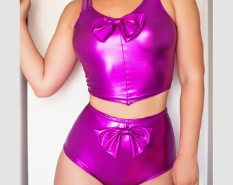 Metallic Spandex Coquette Set: Bow Crop Top and Scrunch Shorts, Doll Cosplay Costume