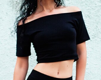 Black Crop Top. Short Black T-shirt. Off shoulder top. Womens tee. Cotton Comfortable Summer Spring Top. Short sleeve