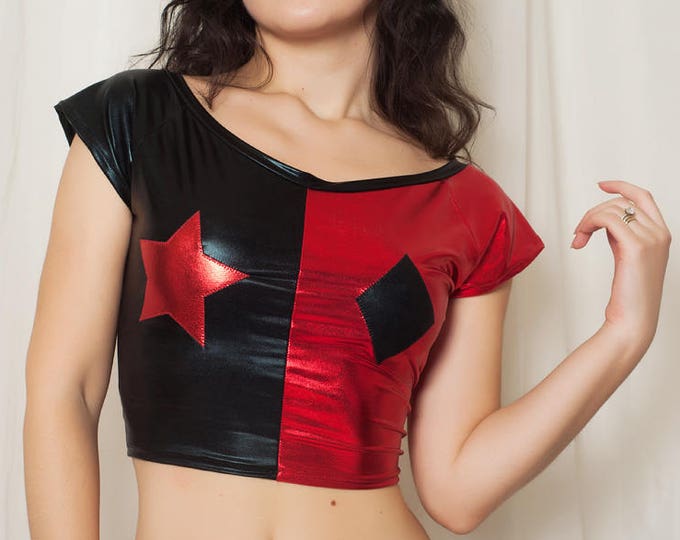 Harley Quinn Crop Top. Metallic black and red with a diamond Etsy