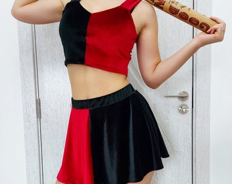 Velvet Red and Black Cosplay Costume, Top and Flared Skirt set for Halloween or Cosplay convention. Comics Inspired.