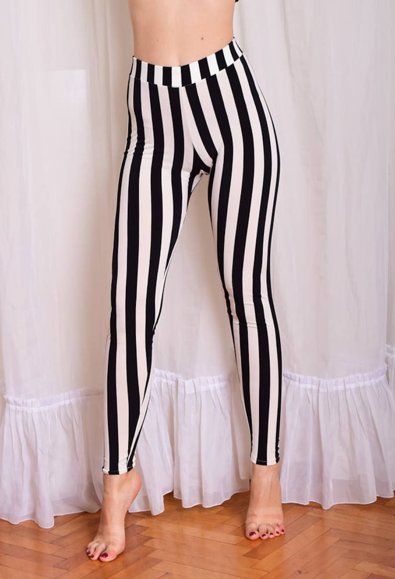 Striped stretchy Leggings. Black and White Vertical Stripe Yoga Pants. High Waisted Cotton leggings. Prisoner Pants. Jail Leggings. image 1