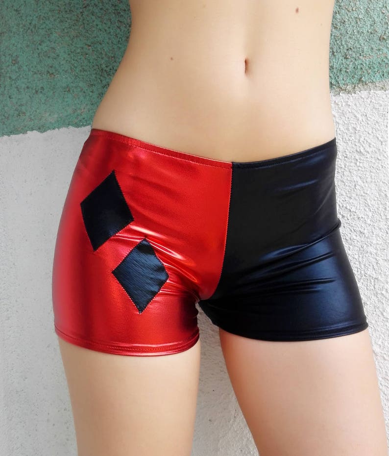 Halloween costume Diamond and star at the back Black and Red Harley Quinn Inspired Shorts shiny Metallic boy shorts Cosplay hot pants