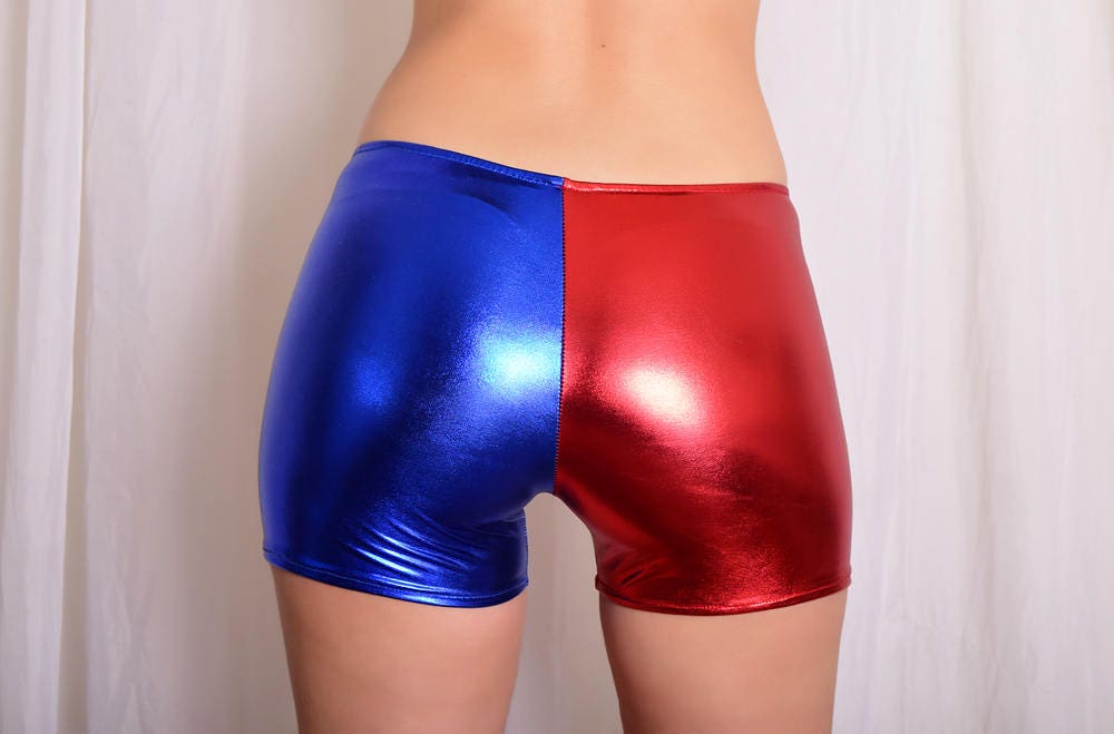 Red and Blue Metallic Spandex Shorts: Cosplay Halloween Bottoms