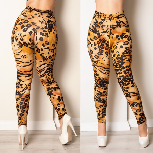 Crotchless Animal Print Leggings, Open crotch pants made with soft and stretchy leopard fabric.