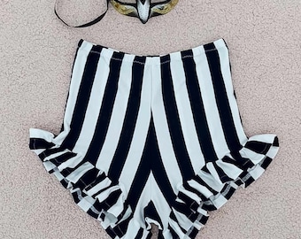 Black and White Stripe Shorts with Ruffles. High Waisted Cosplay Shorts. Circus theme hot pants. Vertical stripe Cheeky Shorts.