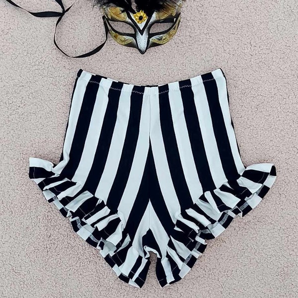 Black and White Stripe Shorts with Ruffles. High Waisted Cosplay Shorts. Circus theme hot pants. Vertical stripe Cheeky Shorts.