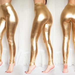 Metallic Gold Leggings, Very Stretchy,Wet look Pants. Skin Tight,Spandex Disco Leggings Shiny,Party,Clubbing, Sparkly Leggings.LATEX look.