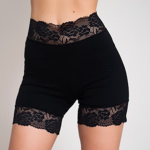 Black Cotton Everyday Biker Shorts with Lace, Goth Style Underpants