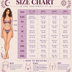 Puede incluir: Una tabla de tallas con una figura femenina en lencer&iacute;a de encaje morado. La tabla enumera tallas desde XXS hasta 4XL con las medidas correspondientes de busto, cintura y caderas en pulgadas y cent&iacute;metros. Incluye instrucciones sobre c&oacute;mo medir.