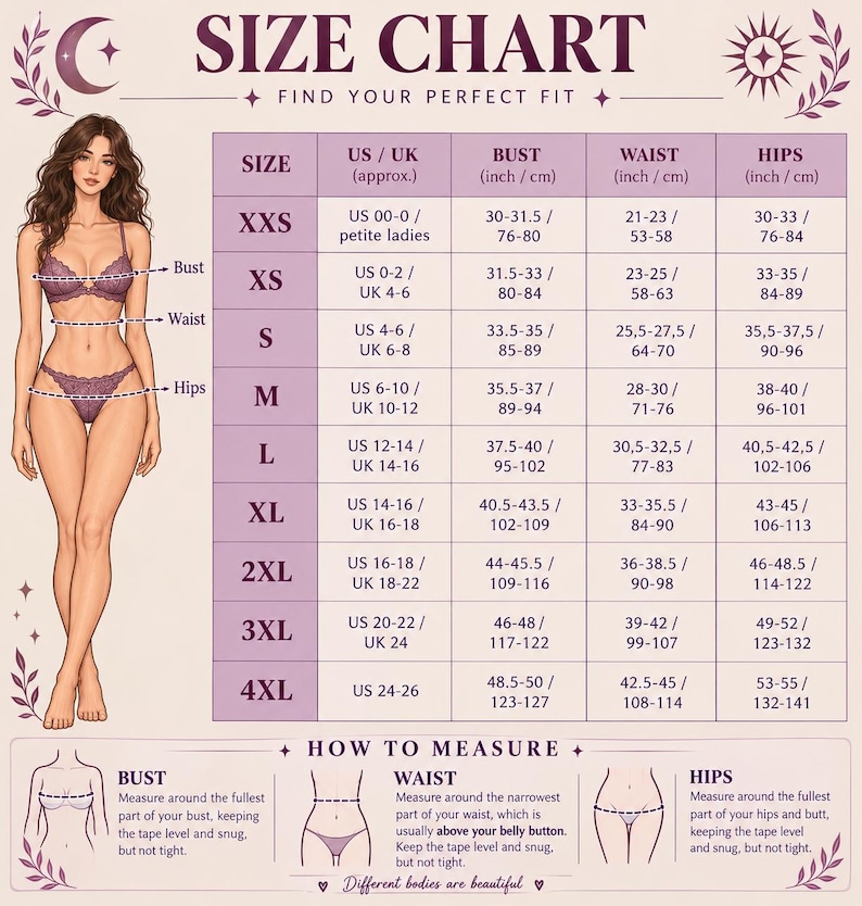 Puede incluir: Una tabla de tallas con una figura femenina en lencer&iacute;a de encaje morado. La tabla enumera tallas desde XXS hasta 4XL con las medidas correspondientes de busto, cintura y caderas en pulgadas y cent&iacute;metros. Incluye instrucciones sobre c&oacute;mo medir.