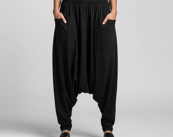 Calças Harem de Algodão com Bolsos: Calças Hippie Oversized com Gancho Baixo
