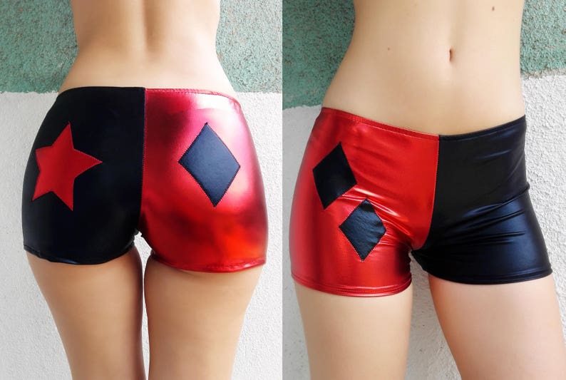 Halloween costume Diamond and star at the back Black and Red Harley Quinn Inspired Shorts shiny Metallic boy shorts Cosplay hot pants