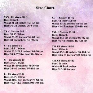 May include: A size chart with measurements in inches and centimeters. The chart includes sizes from XXS to 4XL, listing bust, waist, and hip measurements for each size. The text is in black against a light purple background.