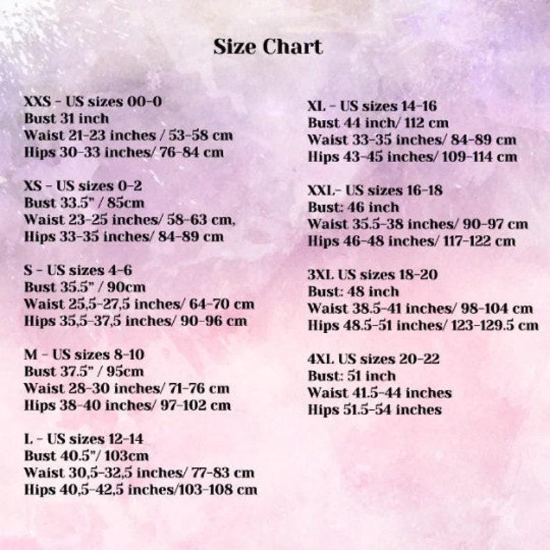 May include: A size chart with measurements in inches and centimeters. The chart includes sizes from XXS to 4XL, listing bust, waist, and hip measurements for each size. The text is in black against a light purple background.