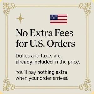 Puede incluir: Un gr&aacute;fico cuadrado con fondo crema y un borde dorado decorativo. Incluye una estrella de cuatro puntas, la bandera de los Estados Unidos y el texto: No Extra Fees for U.S. Orders. Duties and taxes are already included in the price. You'll pay nothing extra when your order arrives.