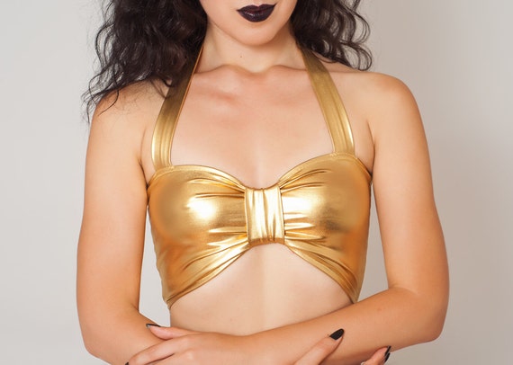 Metallic Spandex Halter Top. PVC Look Mini Top. Open Back Short Top.  Metallic Gold Bra. Custom Top. Clubbing Outfit. 