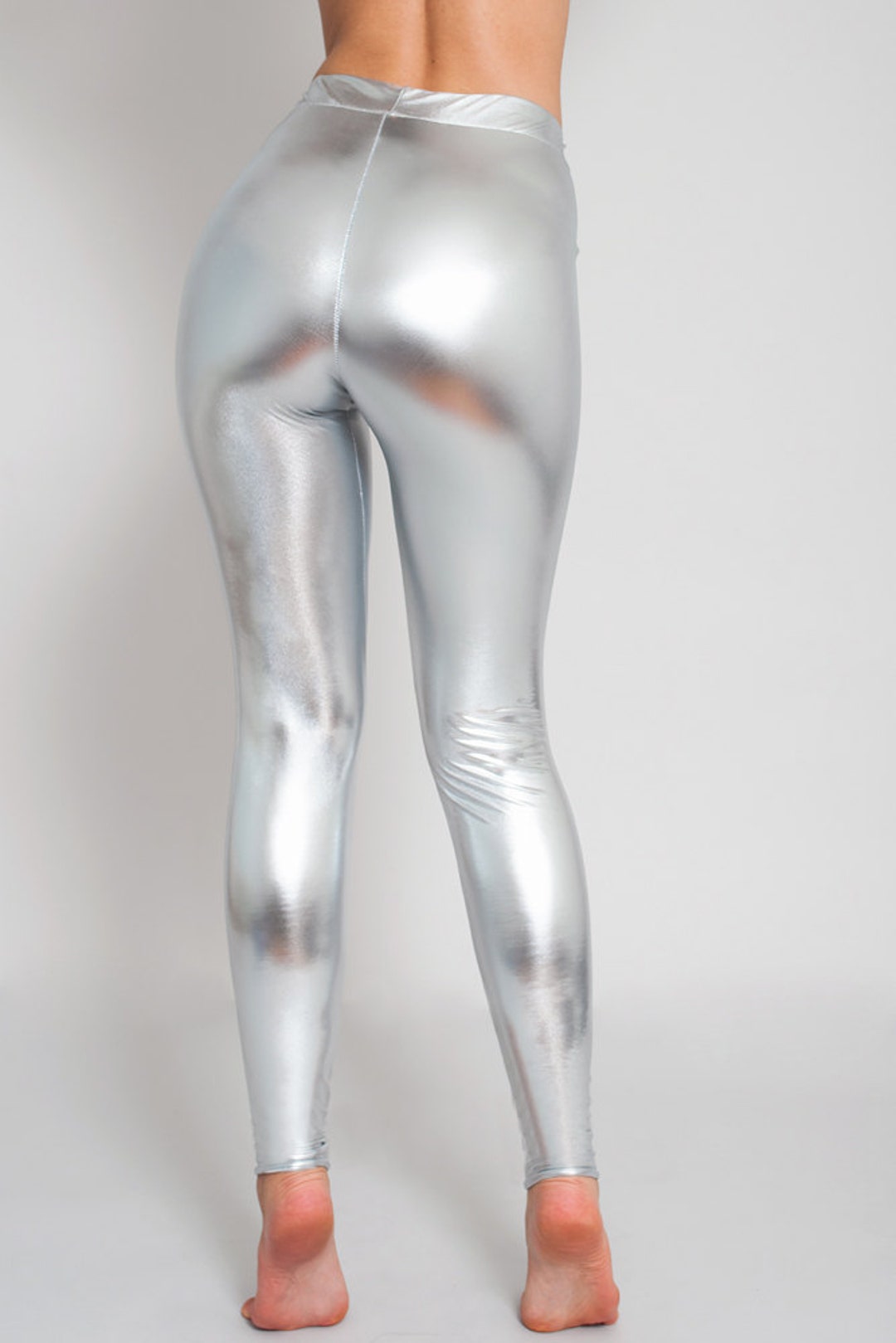 Silver Metallic Leggings. Disco Leggings. Shiny Leggings. Faux Leather  Leggings. High Waist. 
