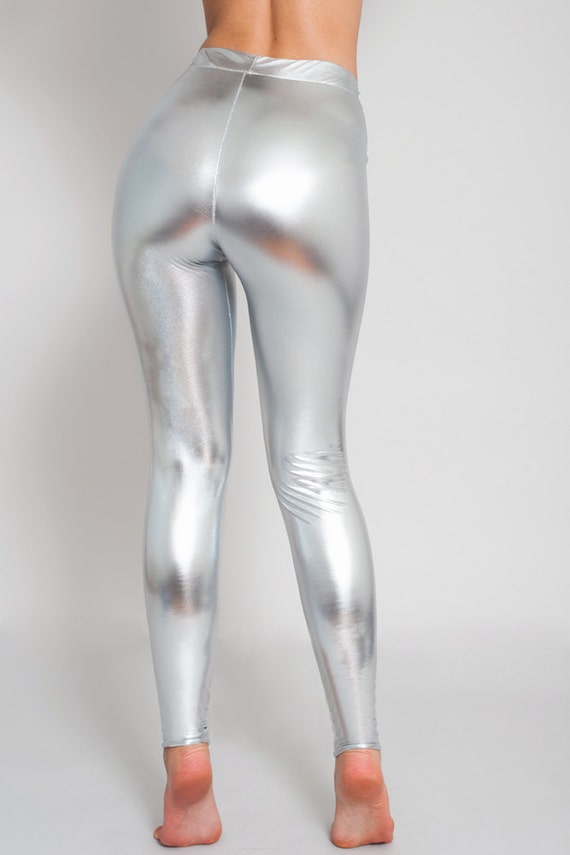 Silver Metallic Leggings. Disco Leggings. Shiny Leggings. Faux Leather  Leggings. High Waist. -  Singapore