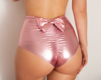 Scrunch Shorts With a Bow made of Metallic Spandex for Dancers, Twerking, Festivals, Raves.