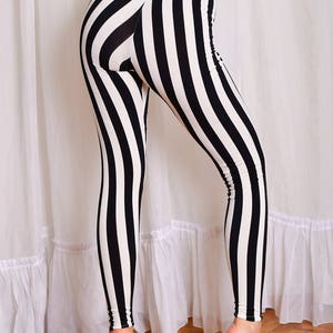 Striped stretchy Leggings. Black and White Vertical Stripe Yoga Pants. High Waisted Cotton leggings. Prisoner Pants. Jail Leggings. image 4