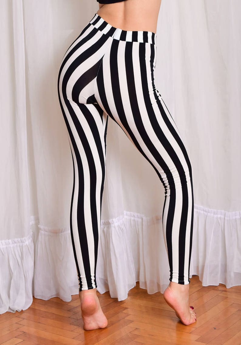 Striped stretchy Leggings. Black and White Vertical Stripe Yoga Pants. High Waisted Cotton leggings. Prisoner Pants. Jail Leggings. image 4