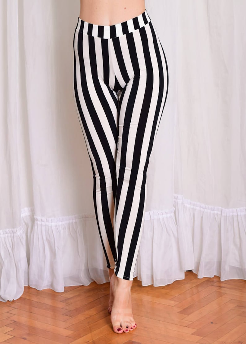 Striped stretchy Leggings. Black and White Vertical Stripe Yoga Pants. High Waisted Cotton leggings. Prisoner Pants. Jail Leggings. image 3