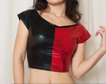 Metallic black and red  that can be made with a diamond and star. Comics Cosplay Top. Shiny short sleeve top.