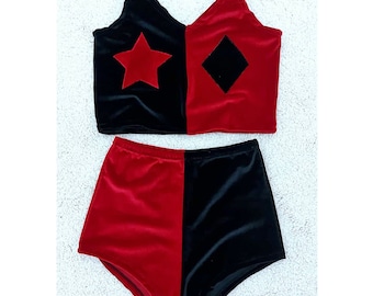 Velvet Black and Red Crop top and high waisted or mid rise cheeky shorts. Halloween costume, Cosplay Set.