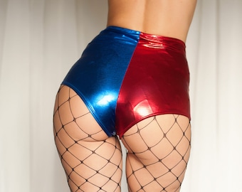 Cheeky High Waisted Booty Shorts in Red and Blue. Halloween shorts.  Metallic shine spandex hot pants.