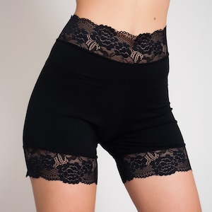 Black Lace Shorts. Biker Shorts. Cotton Shorts with Lace Belt and Cuffs. Sexy Goth Shorts. Yoga Shorts.