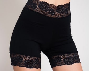 Black Cotton Everyday Biker Shorts with Lace, Goth Style Underpants