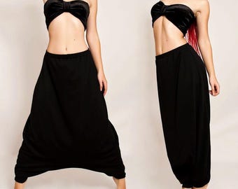Stretchy Cotton Harem Pants: Oversized Low Crotch Hippie Trousers