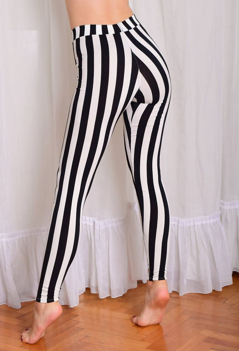 Striped stretchy Leggings. Black and White Vertical Stripe Yoga Pants. High Waisted Cotton leggings. Prisoner Pants. Jail Leggings. image 2