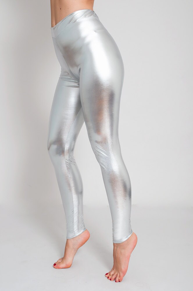 Silver Metallic Leggings. Disco Leggings. Shiny Leggings. Faux Leather  Leggings. High Waist. 