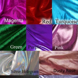 May include: A collection of metallic fabrics in various colors, including silver, blue, gold, magenta, red, turquoise, green, purple, pink, silver hologram, dusty rose, black, lilac, gold hologram, and hot pink. The text "METALLIC FABRICS" is at the top.