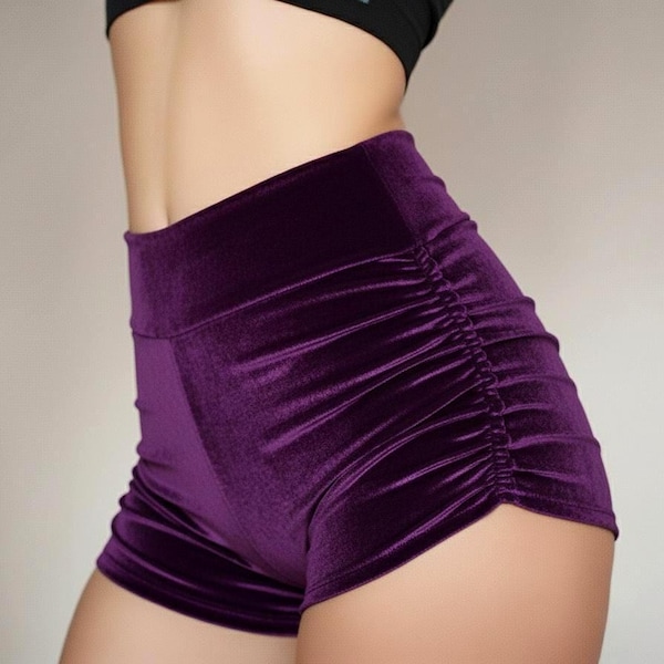 Velvet High Waisted Booty Shorts with Scrunched Sides and Wide Belt.