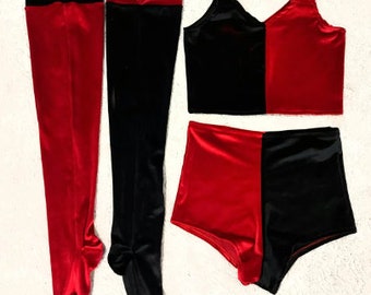 Velvet,metallic fabric cosplay comics inspired full set - stockings, top, shorts in Black and Red. Halloween Cosplay Costume.