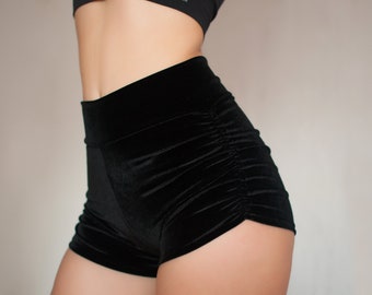 Velvet High Waisted Booty Shorts with Scrunched Sides and Wide Belt.