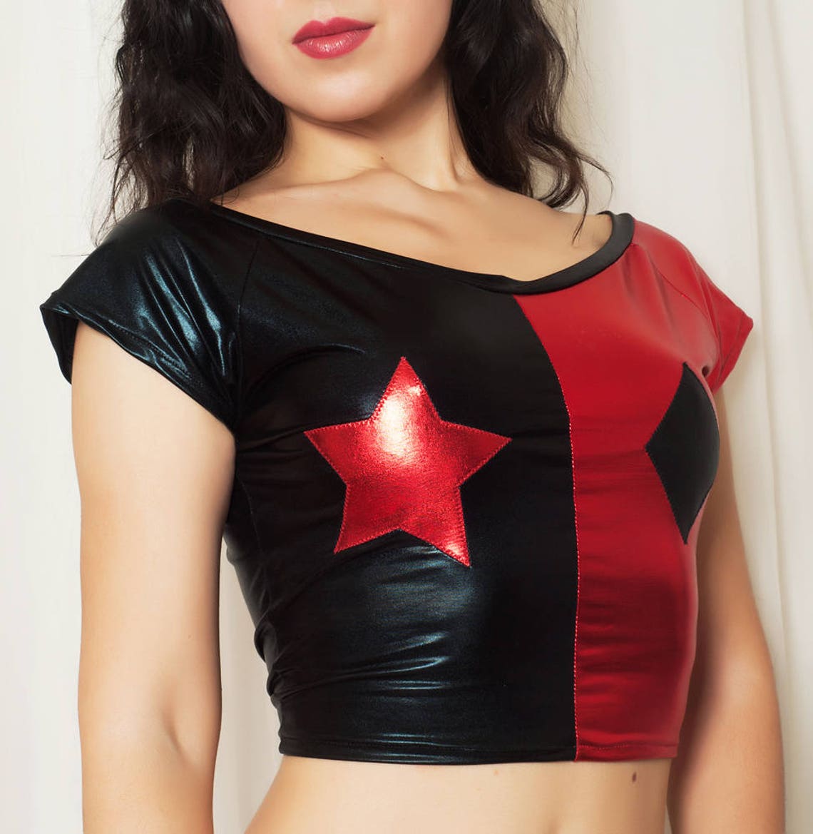 Harley Quinn Crop Top. Metallic black and red with a diamond Etsy