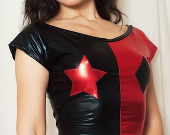 Top cropped metálico vermelho e preto: Camisa de manga curta para cosplay