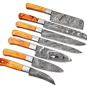 Custom Made Damascus Steel Kitchen Knife, Chef Knife 7 pieces Set CMC-1097O Cleaver / Peeller / Boning / Fillet / Santoku / Fluting / Paring