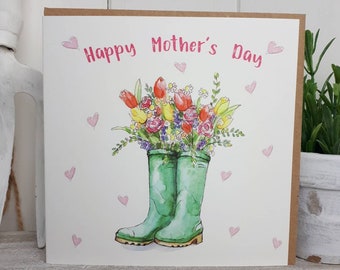 Flowers and Welly Happy Mothers Day Card - Mothers Day Gardening Card - Moms Mothers Day Card - Flower Cards - Mums Greeting Card - md01