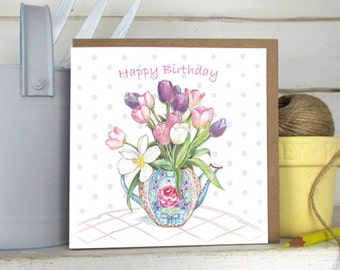 Tulip flowers Happy Birthday Card - Flower Happy Birthday Card - Tulips - Vase of Flowers - Ladies Birthday Card - Garden Cards ---code gd11