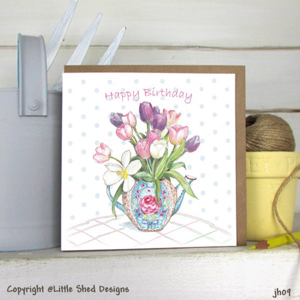 Tulip flowers Happy Birthday Card - Flower Happy Birthday Card - Tulips - Vase of Flowers - Ladies Birthday Card - Garden Cards ---code gd11