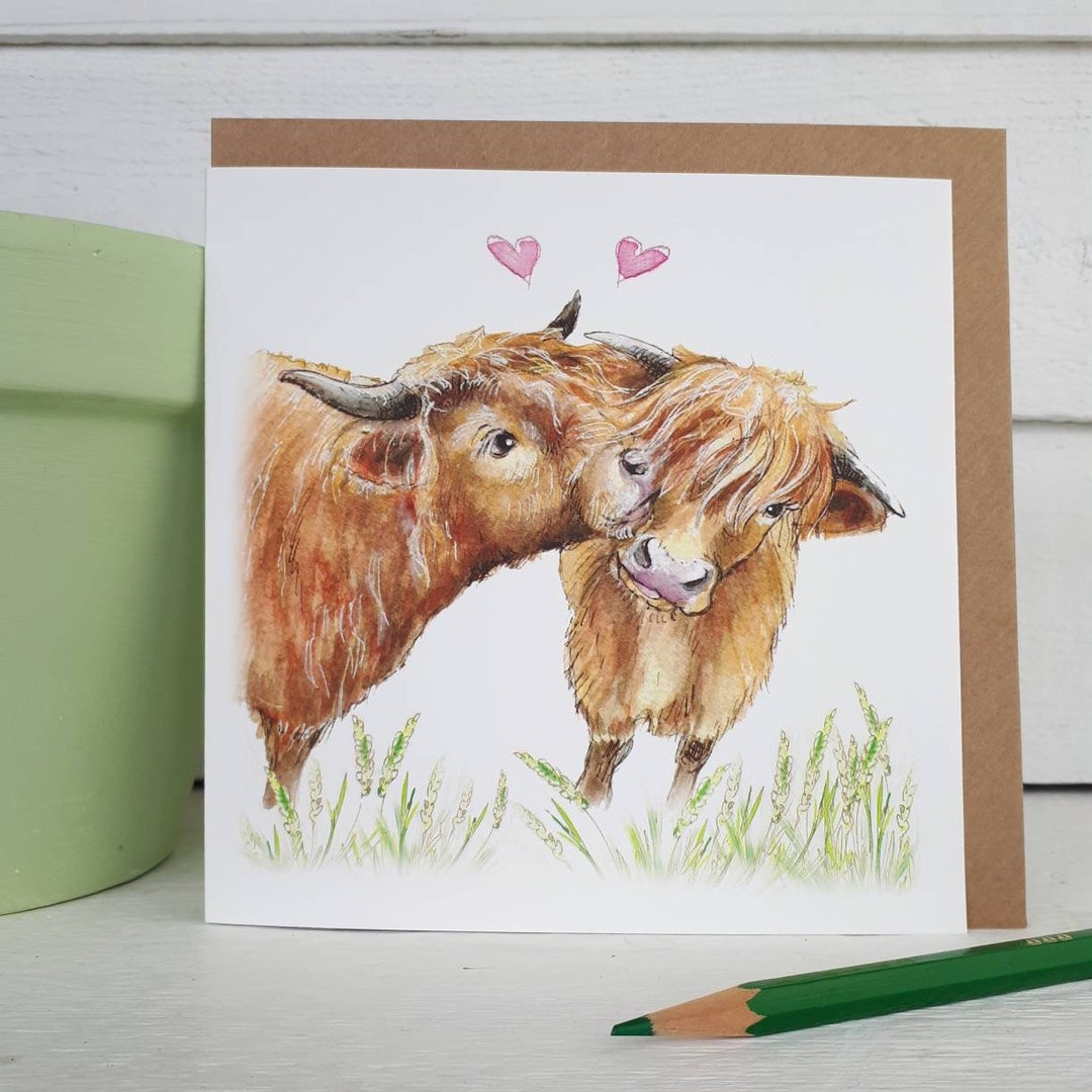 Artery8 Biglietto Di Auguri Compleanno Uomo Con Mucca Delle Highland - Quadro Pittura A Olio