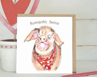 Pig Card - Romantic Swine  -  Valentine's Card - Love - Cute Animal Cards - anniversary - Birthday - Pigs - Cute - Funny Cards -----code V03