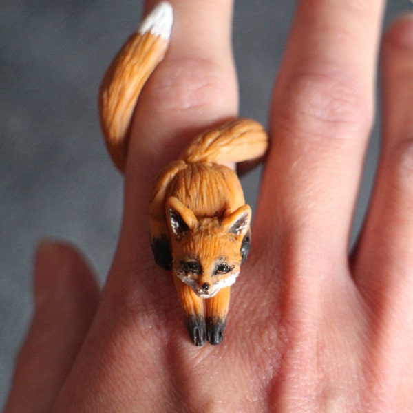 Fox ring, totem ring, polymer clay jewellery, fox gifts, animal jewelry, unique ring, animal lover, cute gifts, totem animal, statement ring