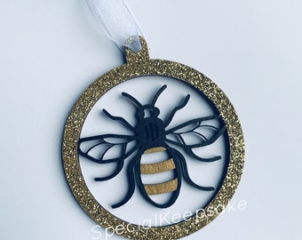 Bee Happy Christmas Tree Bauble Decoration Ornament Manchester Worker Bee Memory Keepsake Unique Festive Decor Glitter Gift Mancunian